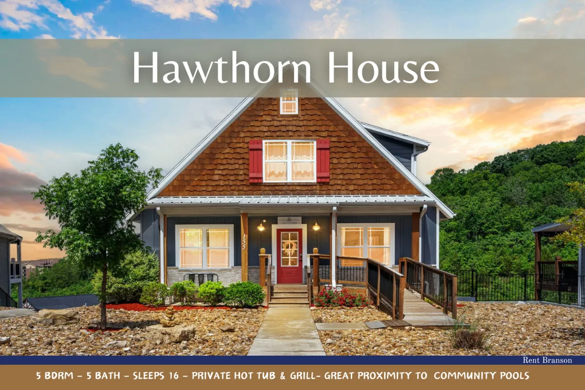 An inviting exterior view highlights a cozy hot tub on a landscaped pathway, a welcoming front porch, and glimpses of community pools. The setting suggests an ideal spot for relaxing after a day of adventure, whether stargazing from the hot tub or gathering for evening barbecues with friends.