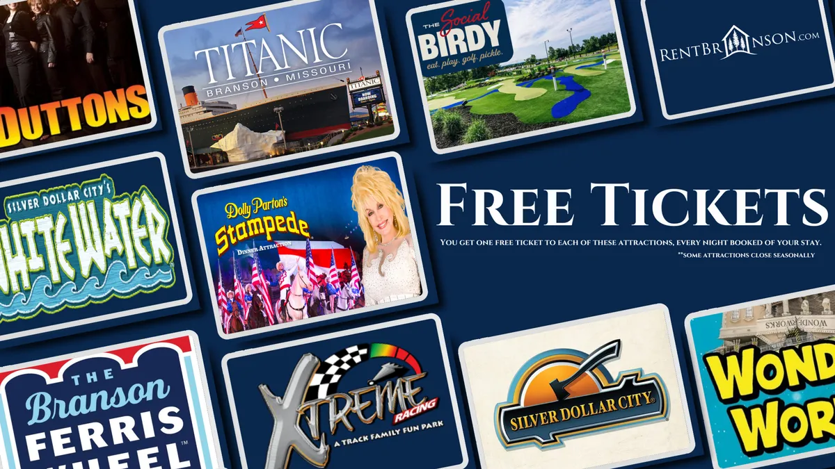 This interior image features vibrant graphics, stacks of free tickets, and attraction logos, creating a lively and colorful feel that highlights local entertainment options. It signals opportunities for visiting Branson's nearby attractions and shows how the property serves as a launchpad for exploring the area.